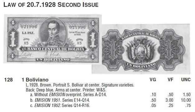 Боливия Банкнота 1 боливиано 1952 (1928) год Cерия Q AUNC (16706)