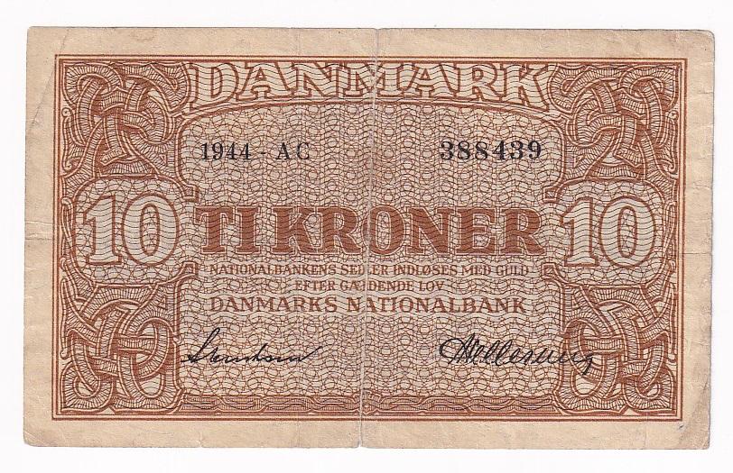 Дания Банкнота 10 крон 1944 год AC388439 VF- (32488)