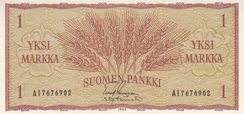 Финляндия Банкнота 1 марка 1963 год (3-й тип подписи) UNC (18574)