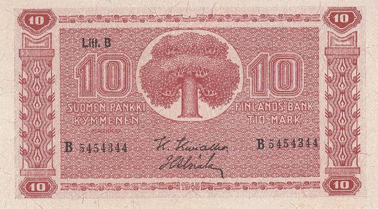 Финляндия Банкнота 10 марок 1945 (1948) год Литера В UNC (18421)