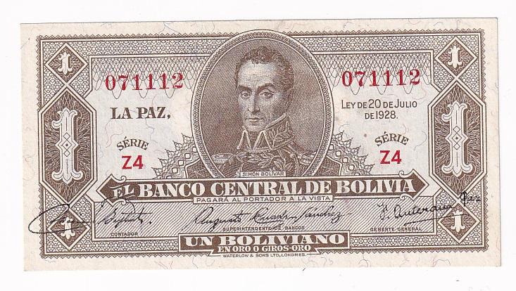 Боливия Банкнота 1 боливиано 1952 (1928) Cерия Z AUNC/UNC (32911)