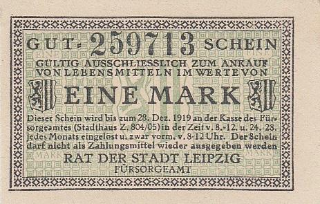 Германия Нотгельд 1 марка 1919 год (Лейпциг) UNC (17890)
