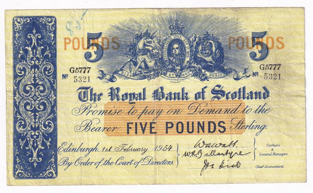 Шотландия Банкнота 5 фунтов 1954 год VF (30284)