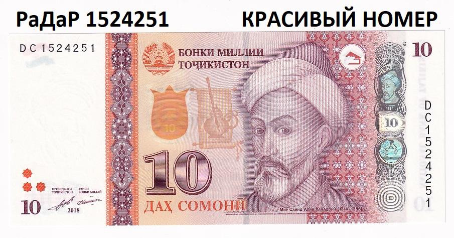 Таджикистан Банкнота 10 сомони 2018 РаДаР 1524251 Красивый номер UNC (34038)