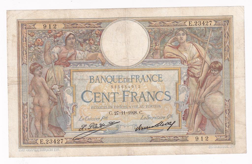 Франция Банкнота 100 франков 1928 год 912 E.23427 VF (31260)