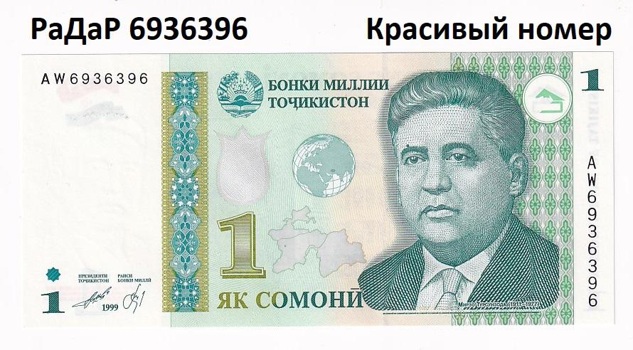 Таджикистан Банкнота 1 сомони 1999 РаДаР 6936396 Серия АW UNC (34017)
