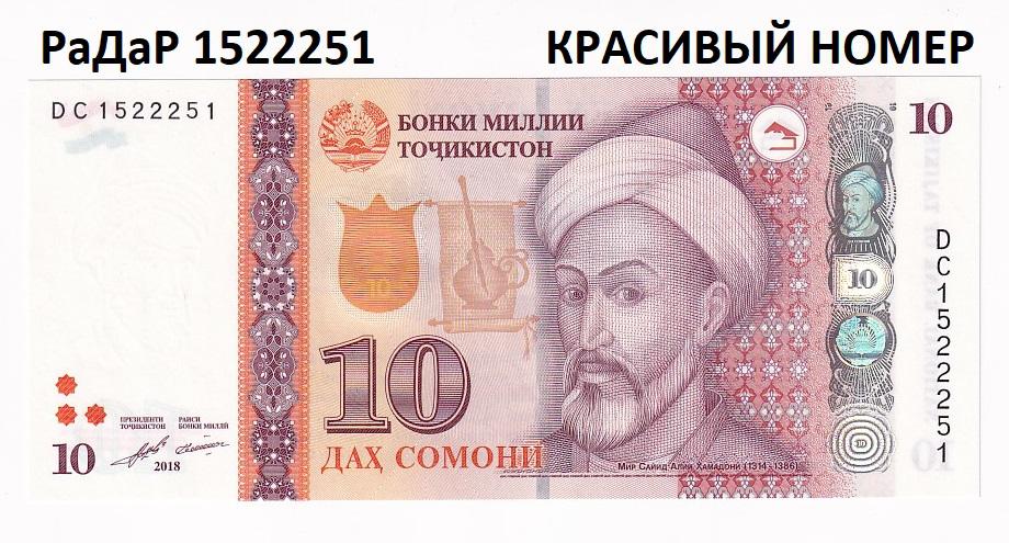 Таджикистан Банкнота 10 сомони 2018 РаДаР 1522251 Красивый номер UNC (34042)