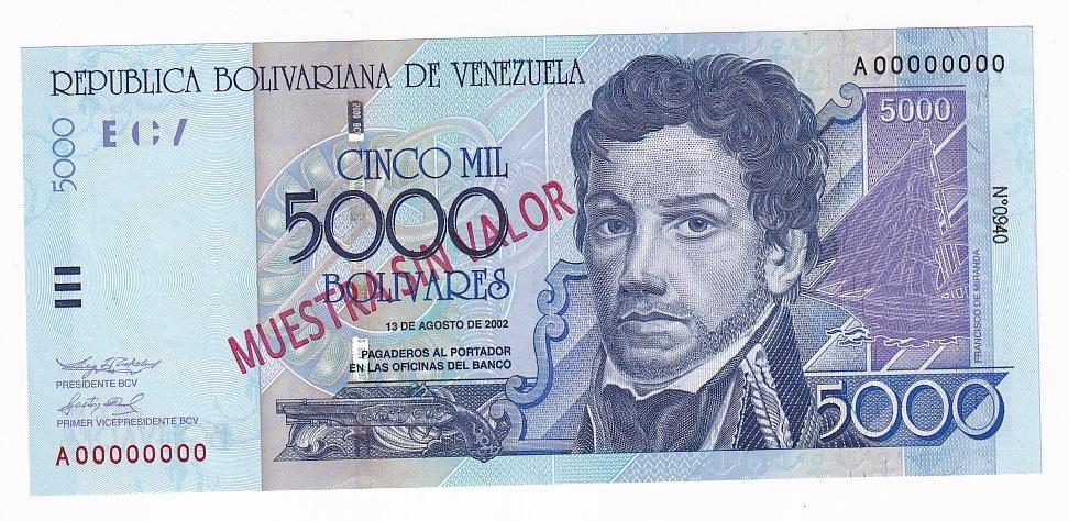 Венесуэла Банкнота Образец 5000 боливаров 2002 год SPECIMEN №0940 MUESTRA A00... UNC (32068)