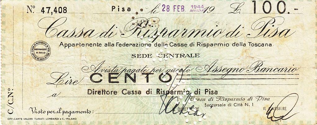 Италия Банковский чек 100 лир 1944 год VF (9180)