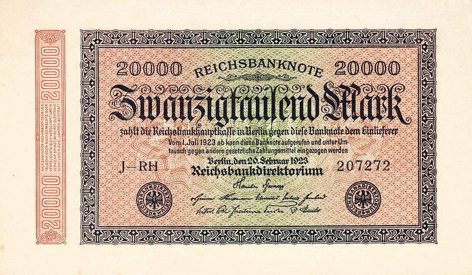 Германия Банкнота 20000 марок 1923 год - Маленькие цифры нумератора AUNC (11881)