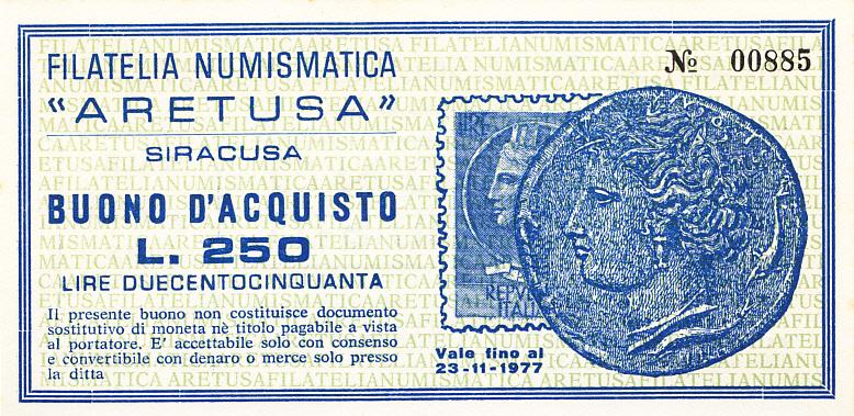 Италия Банкнота 250 лир 1977 год ARETUSA UNC (9076)