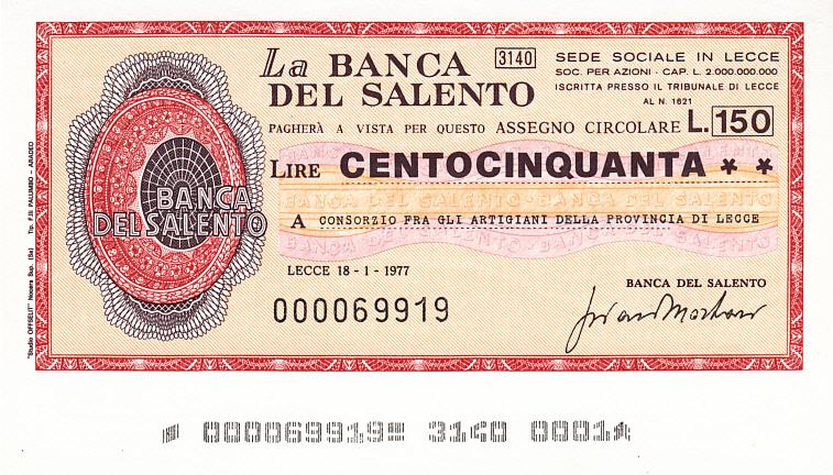 Италия Банковский чек 150 лир La BANCA DEL SALENTO 1977 год UNC (9734)