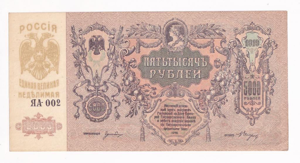 Россия Банкнота 5000 рублей 1919 год Серия ЯА-002 AUNC (9295)