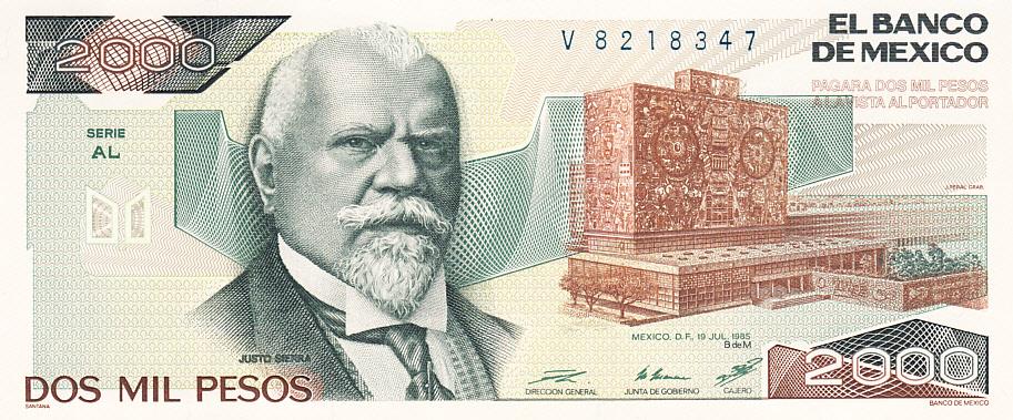 Мексика Банкнота 2000 песо 1985 год Серия AL UNC (11981)