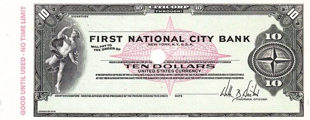 США Дорожный чек - образец 10 долларов 1976 год RARE UNC (9698)