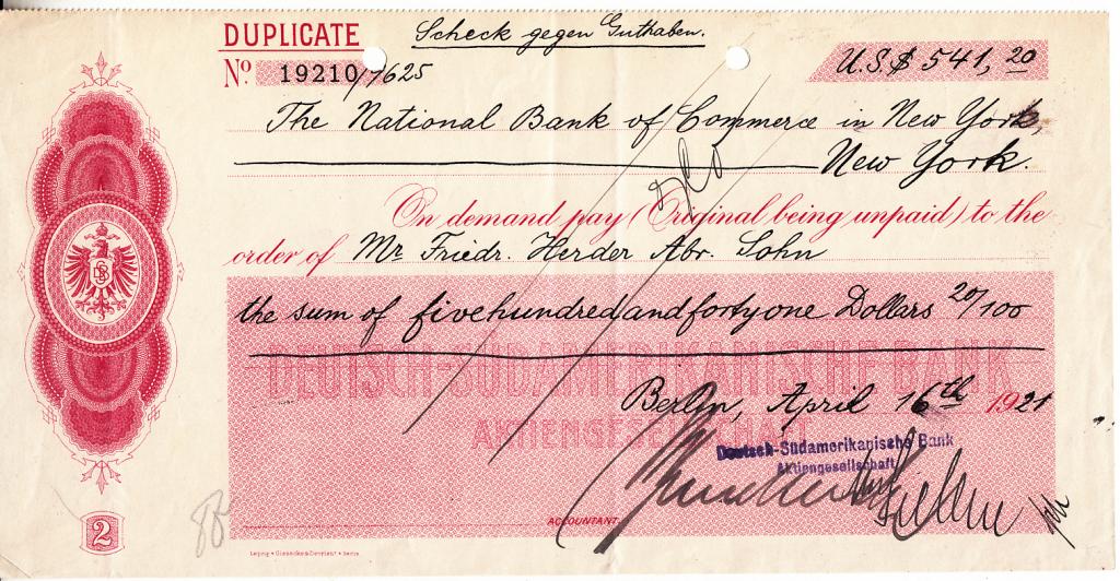 США Банковский чек 541,20 доллара 1921 год VF/XF (8085)