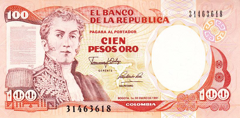 Колумбия Банкнота 100 песо 1991 год (1 января) UNC (10723)