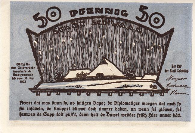Германия Нотгельд 50 пфеннигов 1922 год Schwaan XF/UNC (7907)