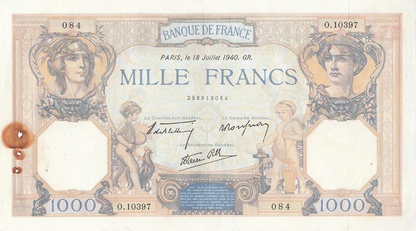 Франция Банкнота 1000 франков 1940 год (18 июля)  (23732)