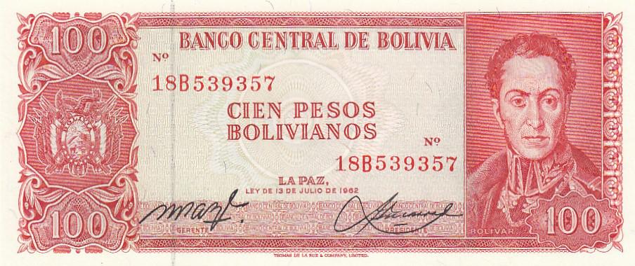 Боливия Банкнота 100 песо боливиано 1962 год UNC (24889)
