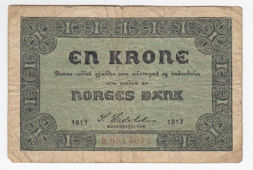 Норвегия Банкнота 1 крона 1917 год VF (27636)