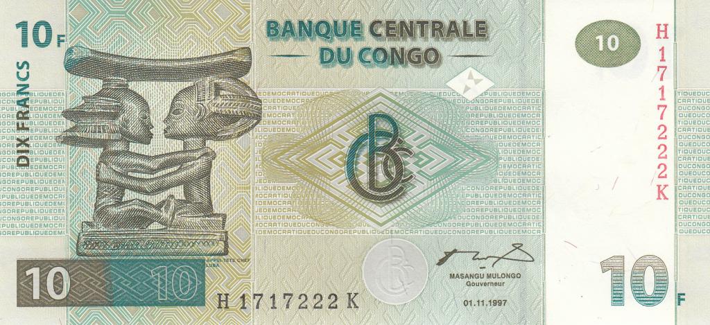 Конго Банкнота 10 франков 1997 год  UNC (26929)