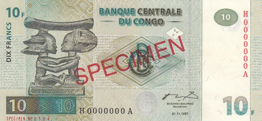 Конго Банкнота Образец с нумератором 10 франков 1997 год  UNC (25513)