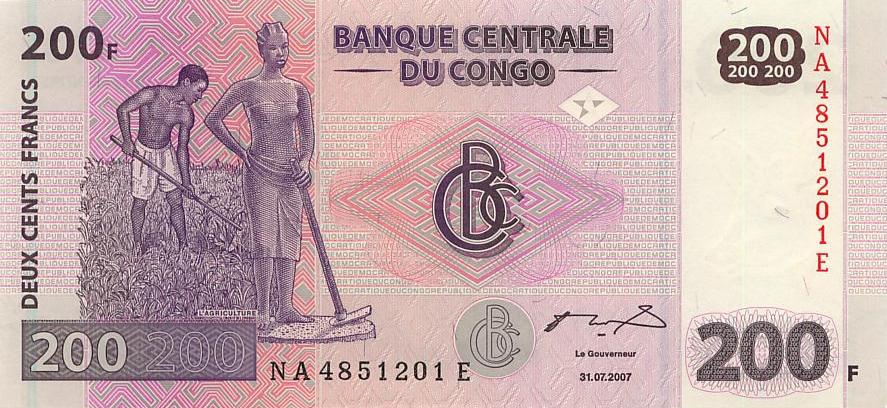 Конго Банкнота 200 франков 2007 год UNC (1612)