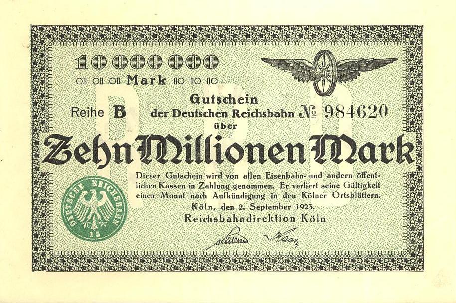 Германия Банкнота 10000000 марок 1923 год (Железные дороги) AUNC (4350)