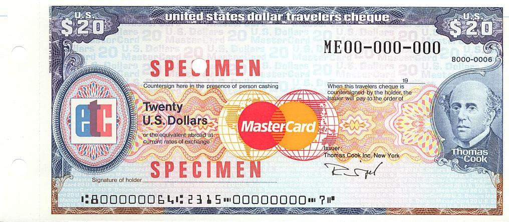 Дорожный чек-образец 20 долларов UNC (4975)