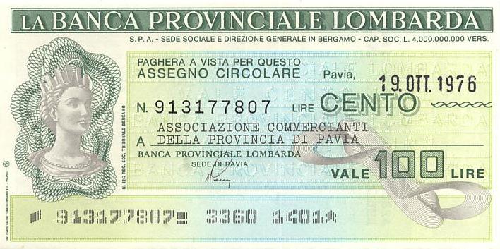 Италия Банковский чек LA BANCA PROVINCIALE LOMBARDA* 100 лир 1977 год UNC (4027)