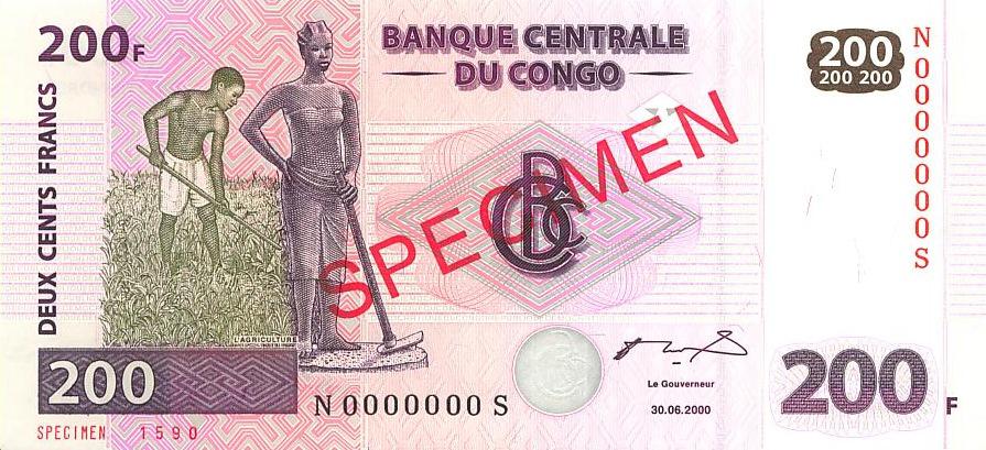 Конго Банкнота-образец 200 франков 2000 (2003) год UNC (4232)