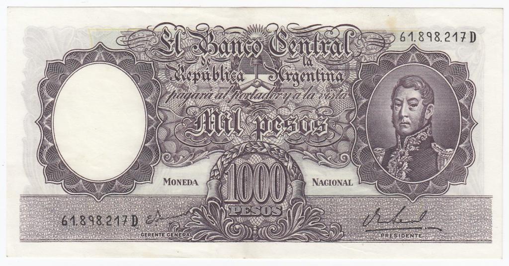Аргентина Банкнота 1000 песо 1966 - 1969 год 61.898.217D XF+ (29048)