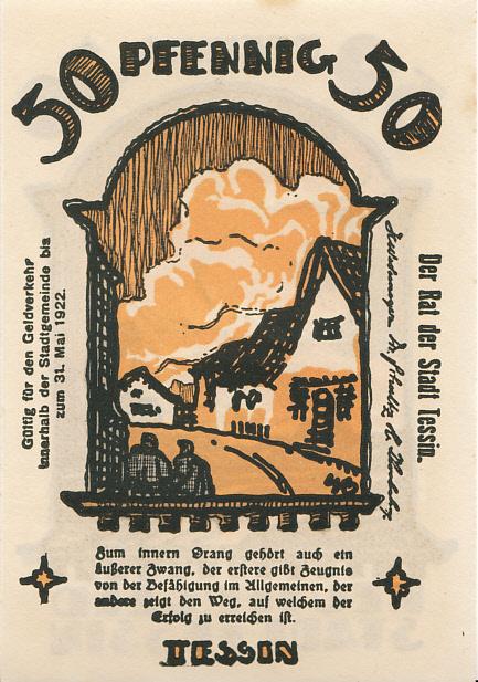 Германия Нотгельд 50 пфеннигов 1922 год Tessin AUNC, XF (6571)