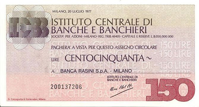 Италия Банковский чек ICBB 150 лир 1977 год UNC (4019)