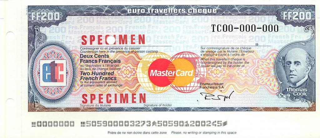 Дорожный чек-образец 200 франков UNC (4974)