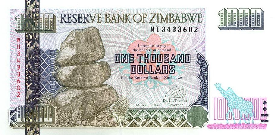 Зимбабве Банкнота 1000 долларов 2003 год UNC (4843)