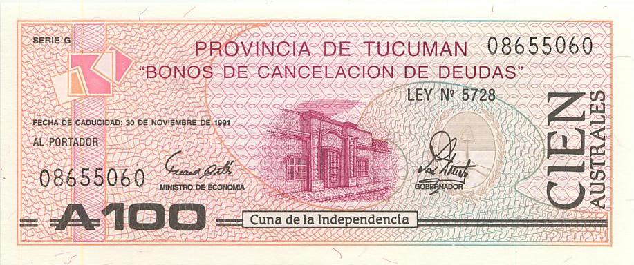 Аргентина Банкнота 100 аустрал 1988 год (Провинция Тукуман) UNC (2369)