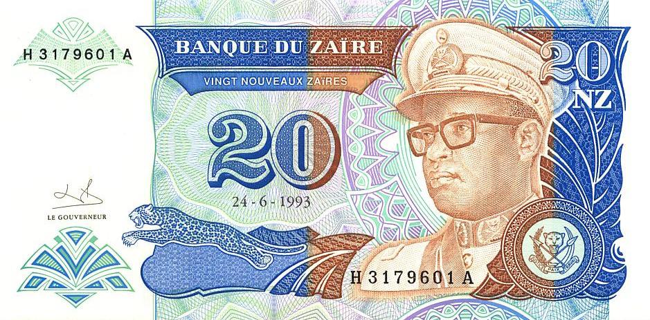 Заир Банкнота 20 новых заир 1993 год Серия H.......A UNC (5902)