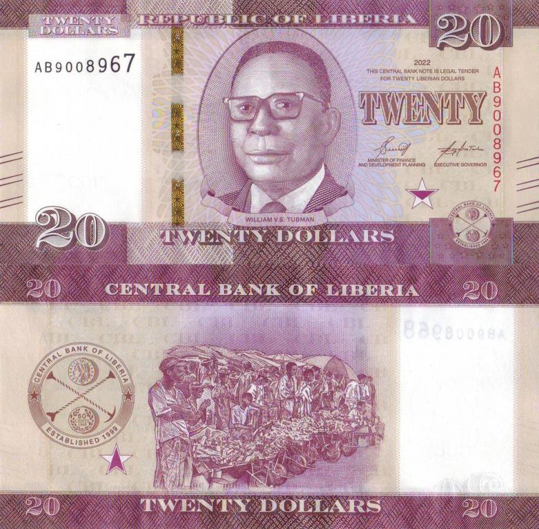 Либерия 20 долларов 2022 P39 пресс unc