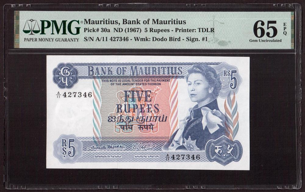 Маврикий 1967г 5 рупий (Pick 30a) UNC слаб PMG-65 EPQ (7346)
