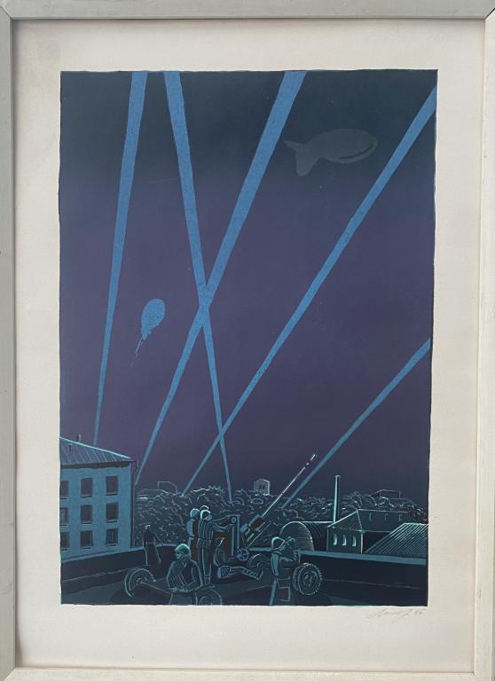 Линогравюра Миклашевич С.В. "Воздушная тревога". 1985 год