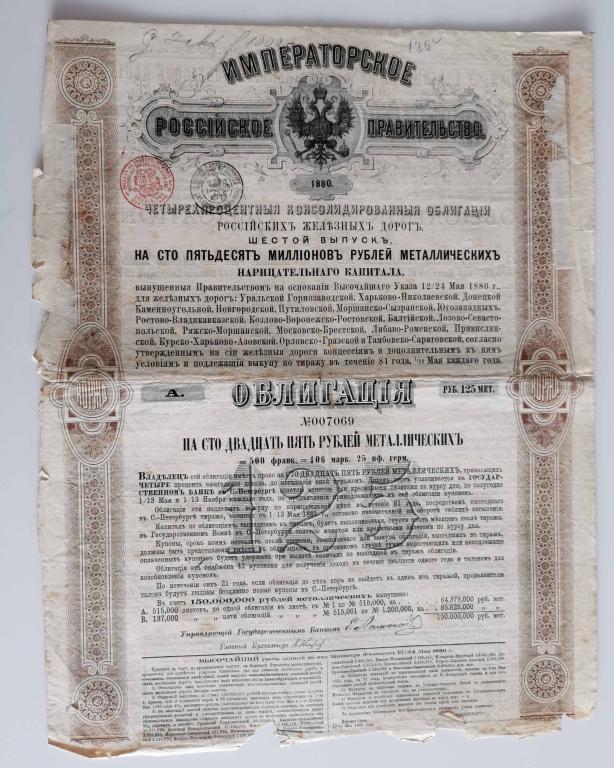69 4% Консолидированная облигация РЖД 125 рублей 1880 Российские железные дороги облигация