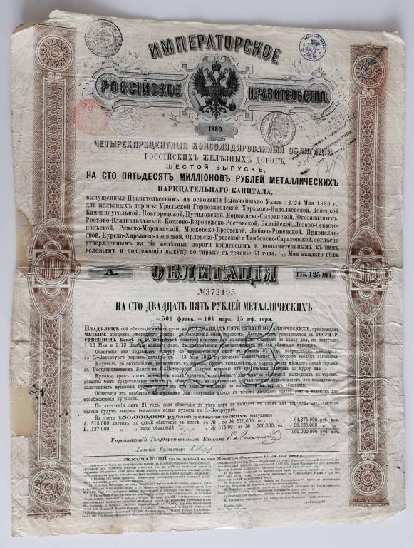 195 4% Консолидированная облигация РЖД 125 рублей 1880 Российские железные дороги облигация