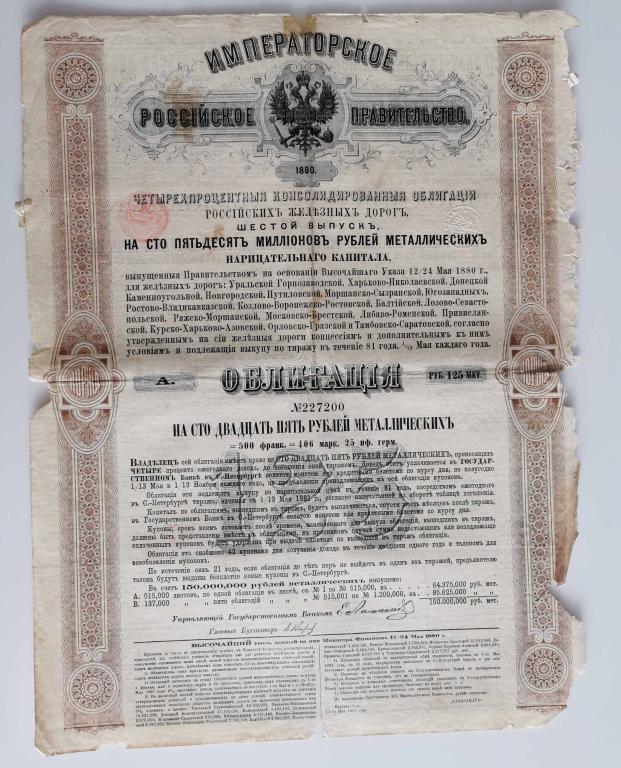 200 4% Консолидированная облигация РЖД 125 рублей 1880 Российские железные дороги облигация