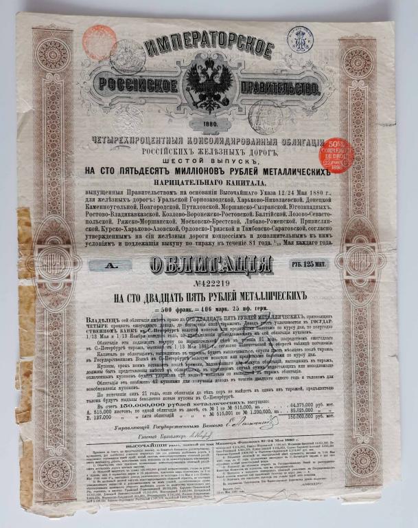 219 4% Консолидированная облигация РЖД 125 рублей 1880 Российские железные дороги облигация