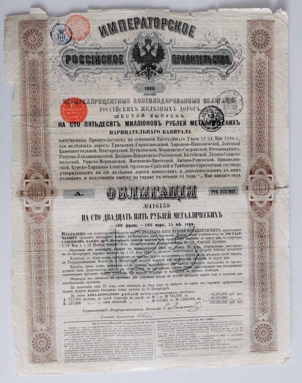 159 4% Консолидированная облигация РЖД 125 рублей 1880 Российские железные дороги облигация