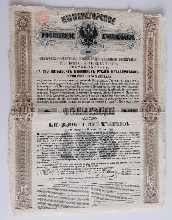 205 4% Консолидированная облигация РЖД 125 рублей 1880 Российские железные дороги облигация