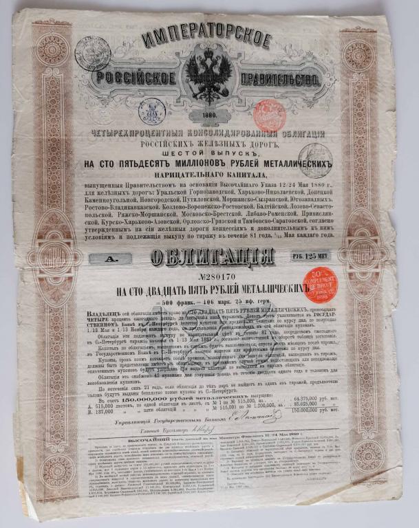 170 4% Консолидированная облигация РЖД 125 рублей 1880 Российские железные дороги облигация