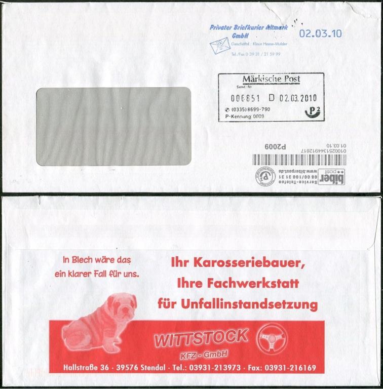 Германия 2010 частные почты Briefkurier Altmark +Märkische Post +Biber рекламный конверт автосервис